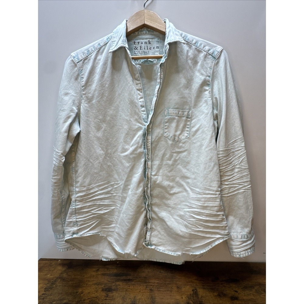 Frank & Eileen "Eileen" Tattered Denim Shirt Womens Small Relaxed Button Up Teal